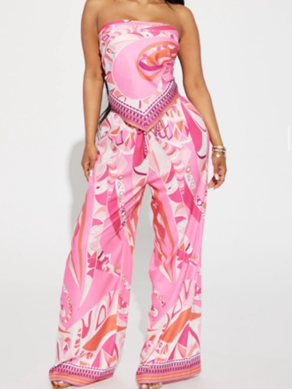 Strapless Pink Printed Wide-Leg Pants